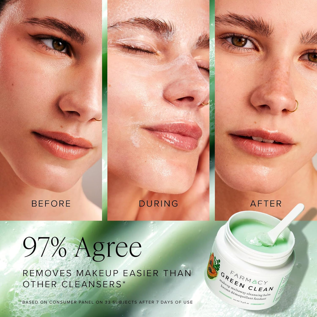 Farmacy Makeup Remover Cleansing Balm - Green Clean Waterproof Makeup Remover Balm + Oil Cleanser for Face - Gently Melts Make Up + SPF - Hydrates + Softens Skin with Super Greens + Papaya (100ml)