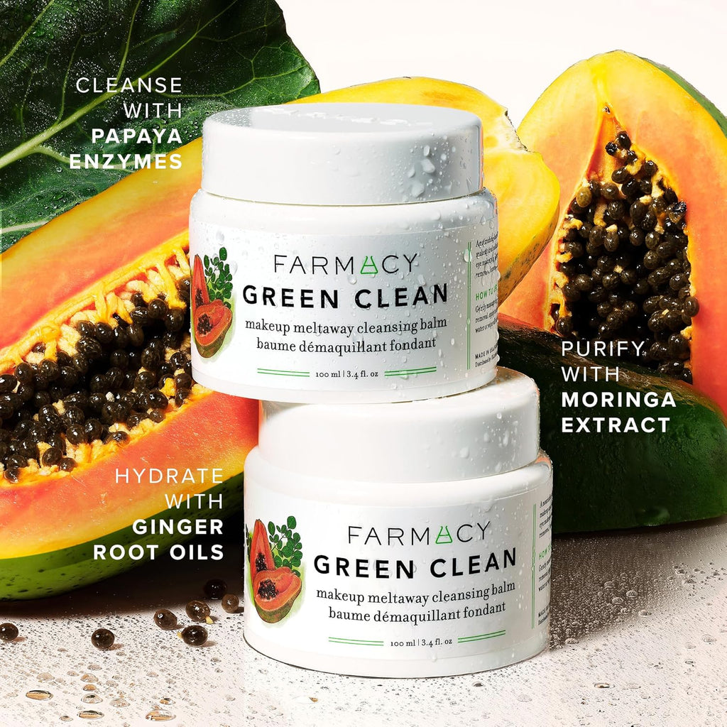 Farmacy Makeup Remover Cleansing Balm - Green Clean Waterproof Makeup Remover Balm + Oil Cleanser for Face - Gently Melts Make Up + SPF - Hydrates + Softens Skin with Super Greens + Papaya (100ml)